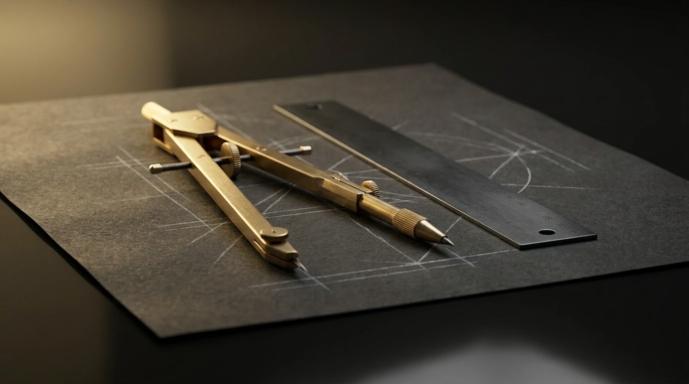 A brass drafting compass and a black steel ruler on dark paper scored with faint construction lines
