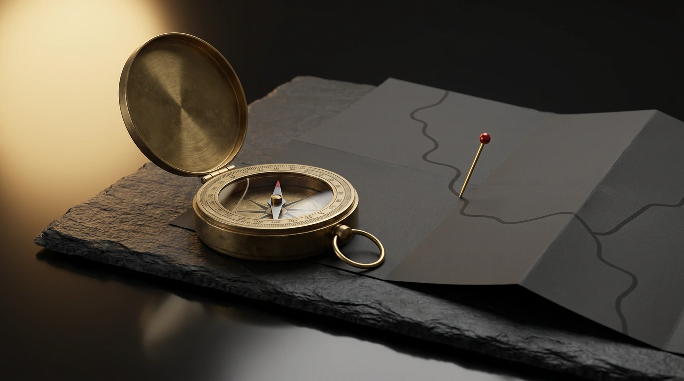 A brass compass, lid open, on a folded map with a pin marking the route
