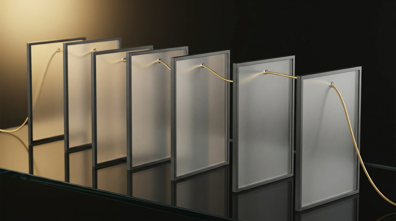 A row of frosted glass panels in thin frames, joined by one gold cable