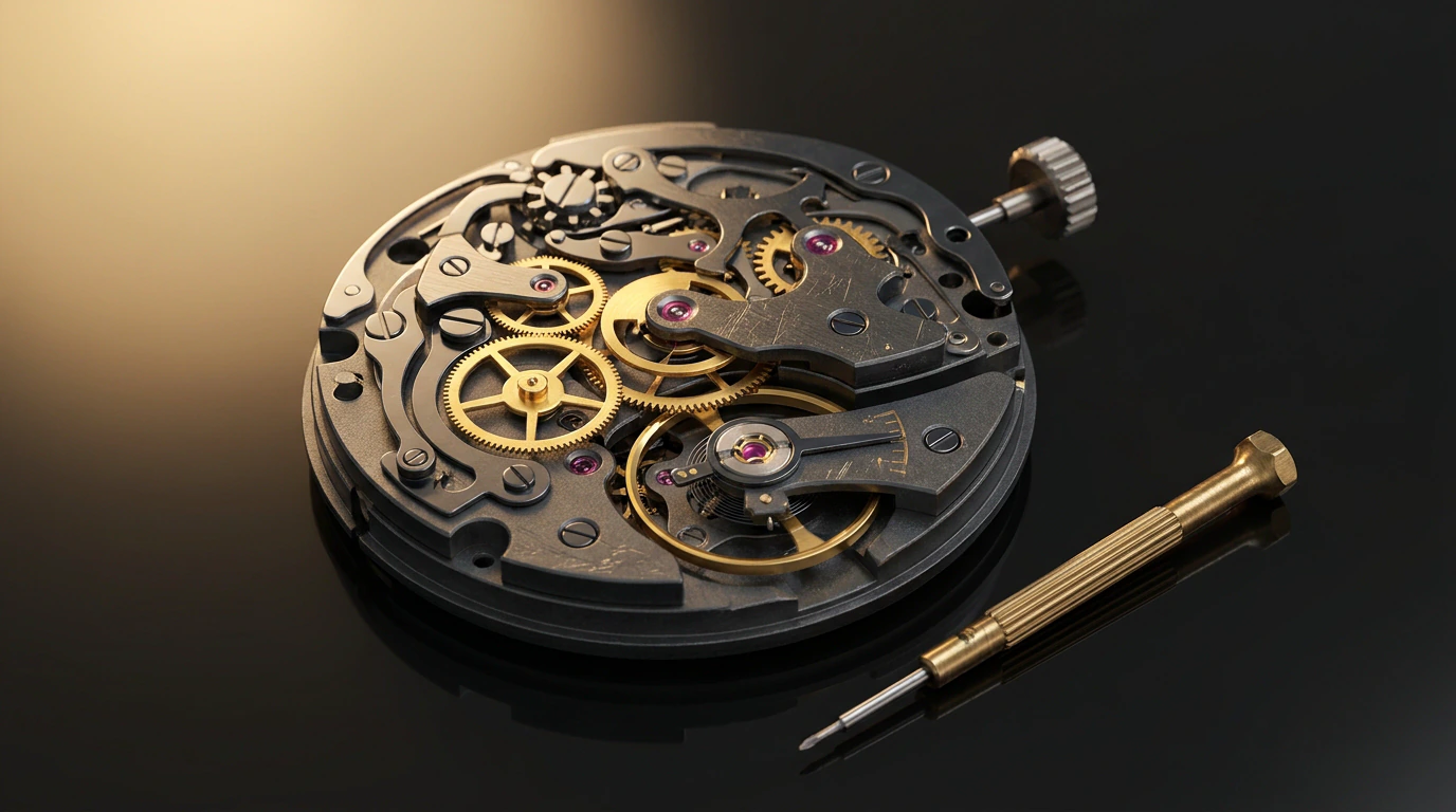 An open watch movement, gears and jewels showing, beside a brass screwdriver