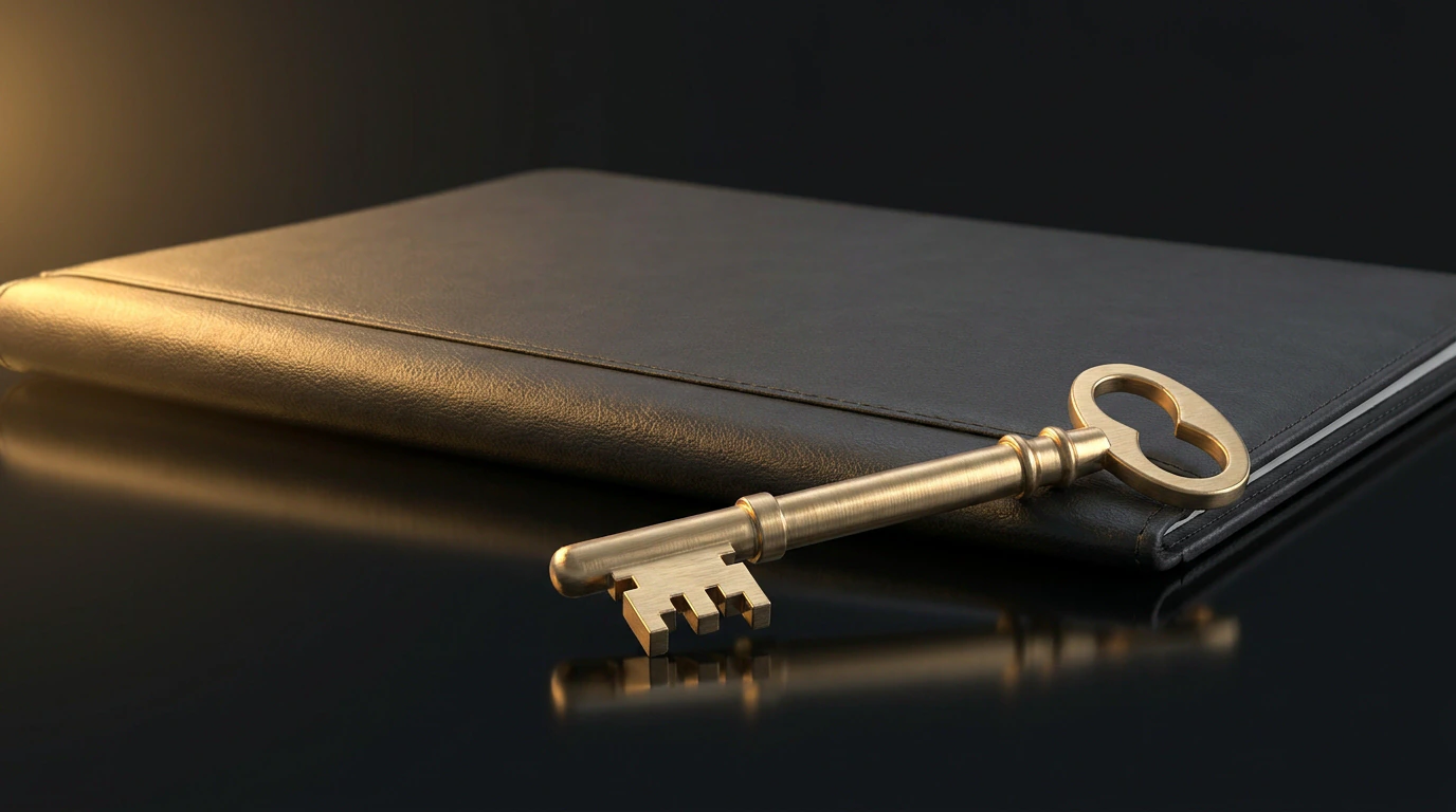 A brass key resting on a closed leather folio